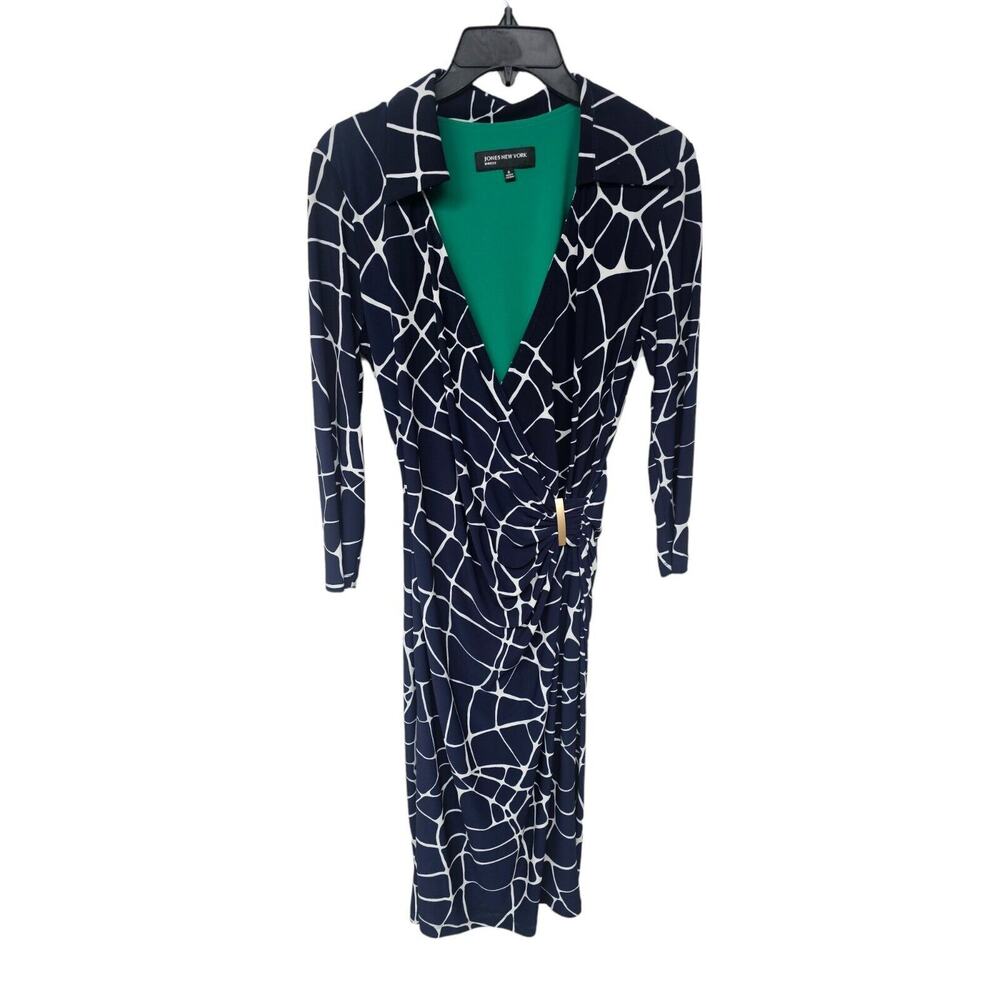 Jones New York Faux Wrap Dress Size 6 Navy Knee Length Slinky Knit 3/4 Sleeves